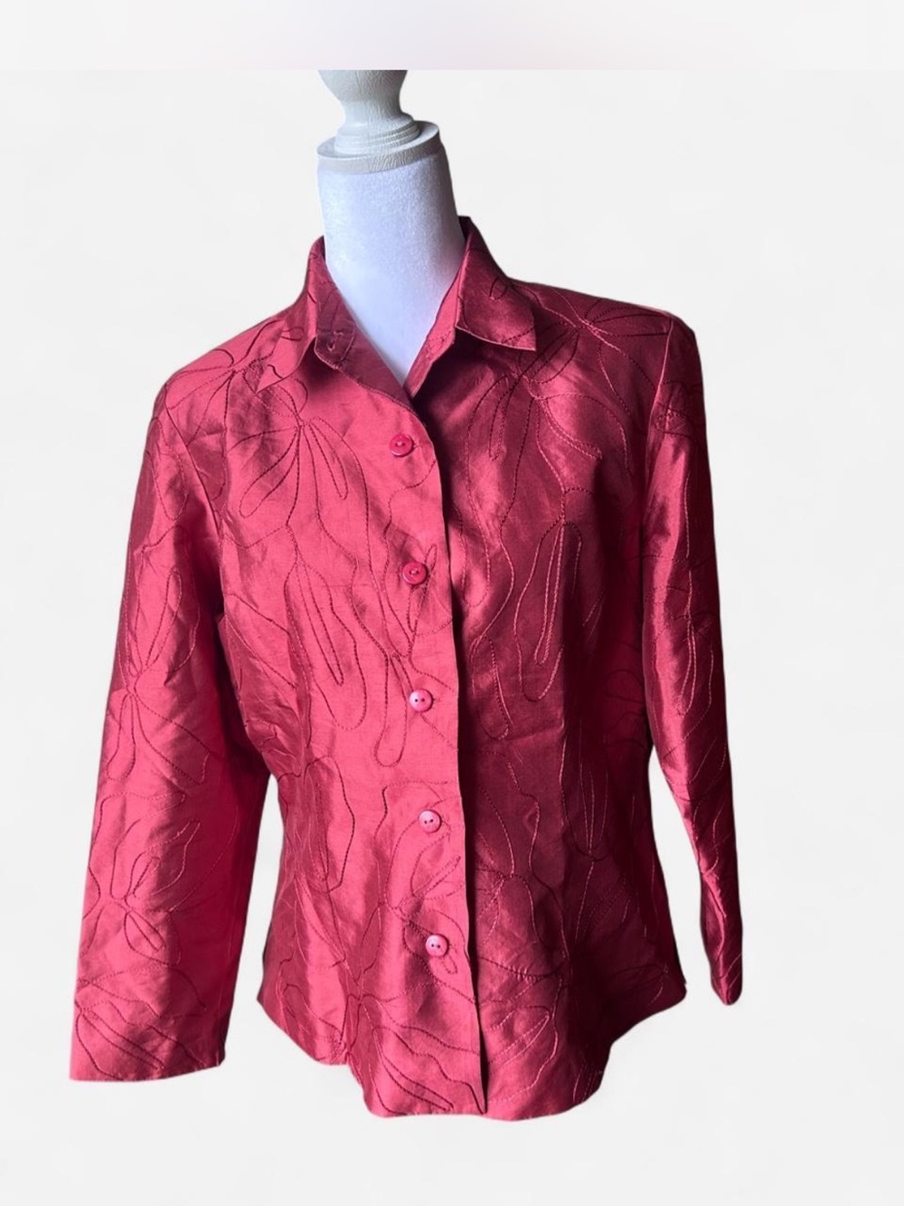 Vintage Silkland 100% Silk Red Shirt Blouse Floral Pattern Size 14 Petite